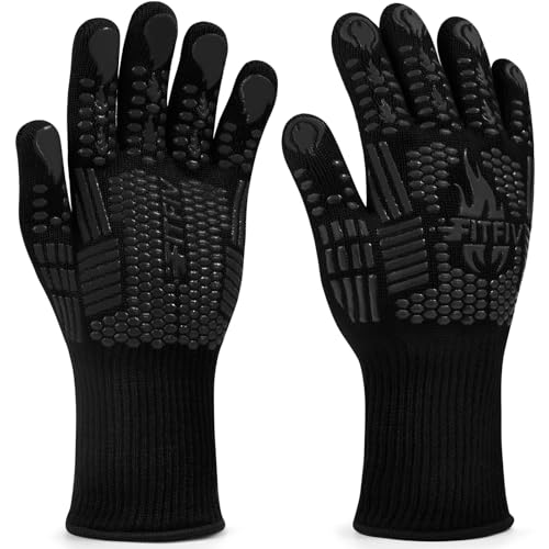 BBQ Gloves, 1472°F Heat Resistant with Silicone Grip Oven Mitts - color: Black, size: Long (Glove L 13.78" × Palm W 6.33")