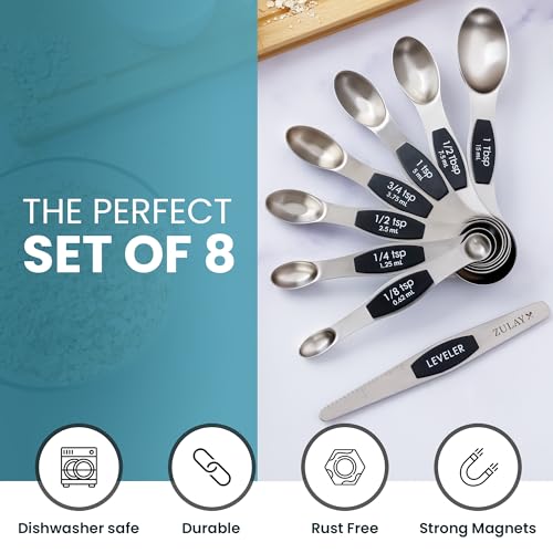 Zulay Stainless Steel Measuring Spoon Set - Stackable Magnetic Spoon Measuring Set - Magnetic Measuring Spoon Set of 8 with Leveler - Made with Strong N45 Magnets & 304 Stainless Steel - Black - color: Black