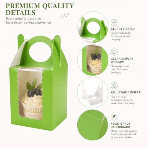 Cupcake Boxes with Window, 25 Pack Single Dessert Gift Boxes with Adjustable Insert Fits 1.7"–3" Cupcakes, Muffins & Cocoa Bombs for Parties, Bake Sales & Baby Showers (Green) - color: Green, size: 25 PCS