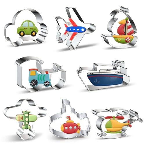 ZADE Transportation Theme Car Boat Airplane Cookie Cutters Set 8 Pcs Non-Stick Stainless Steel Cookie Biscuit Sandwich Mold, Fruit Cake Fondant Cutter for Baking - color: Transportation theme