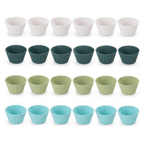 Reusable Silicone Muffin Liners – 24-Pack Cupcake Baking Cups, BPA-Free, Regular Size, Assorted White/Blue/Green