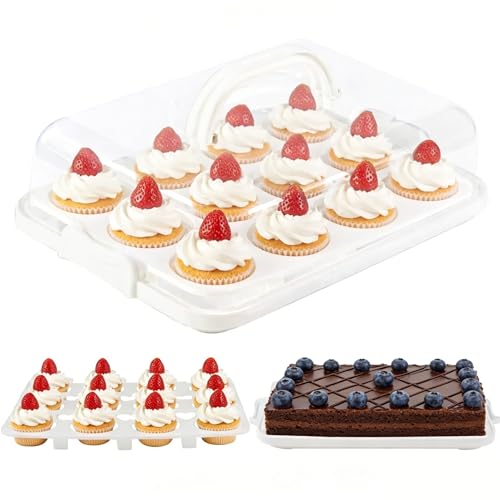Cake Carrier with Lid, Cake Holder Cupcake Container for 12 Cupcakes 2 in 1 Portable Dessert Container for Pie Muffin Cobbler (White) - color: White