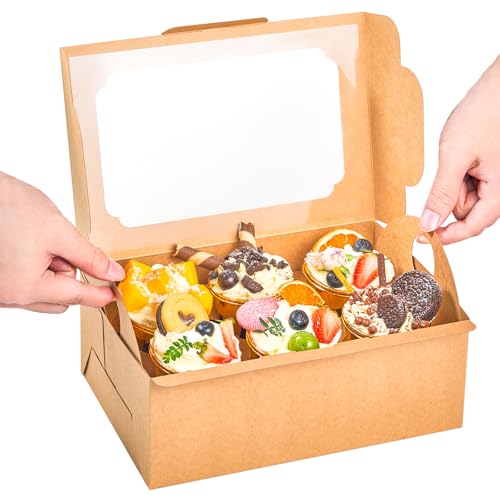UnicoPak 20 Pack Brown Cupcake Boxes with Handle Tray - 4" Tall Large Muffin Boxes for 6 Cupcakes - Professional Food-Grade Cardboard Window Boxes for High Frosting, Toppers & Jumbo Treats - color: 20 pack brown