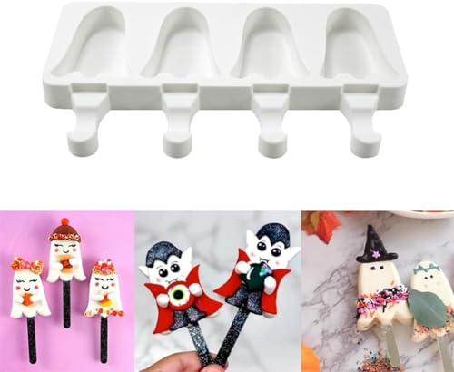 1 Pack Halloween Cute Ghost Shape Popsicle Molds Silicone Ice Pop Molds 4 Cavities Popsicle Molds for Kids Adults Ice Cream Mold Cakesicles Mould DIY Popsicle Maker Homemade Popsicle Silicone Molds B - color: Cute Ghost Popsicle Molds B