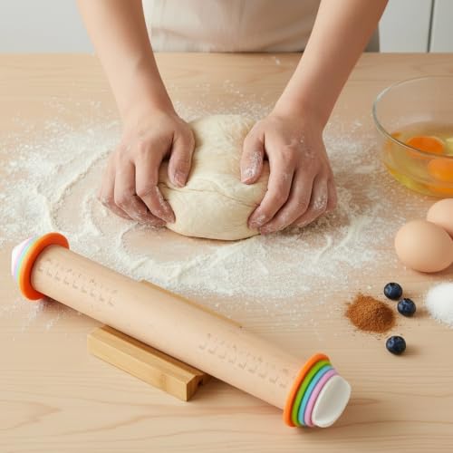 Adjustable Rolling Pin with Thickness Rings, 14 Inch Wood Roller - size: 14INCH