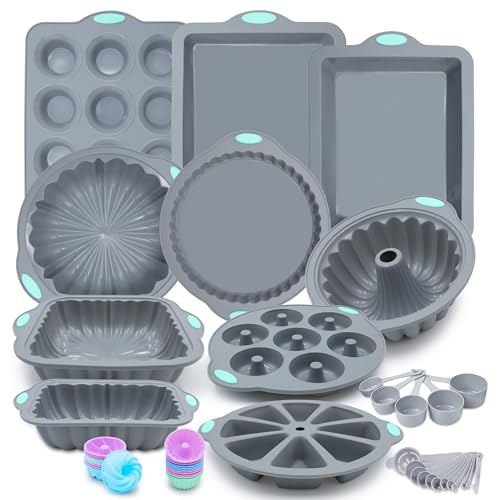 To encounter 51 Piece Silicone Baking Pan Set, Non-Stick Bakeware Set with Baking Pans, Reusable Donut Mold, Food-Grade Silicone Molds for Cakes, Cookies, Muffins, Bread, Light Grey - size: 51 Pcs Bakeware Sets