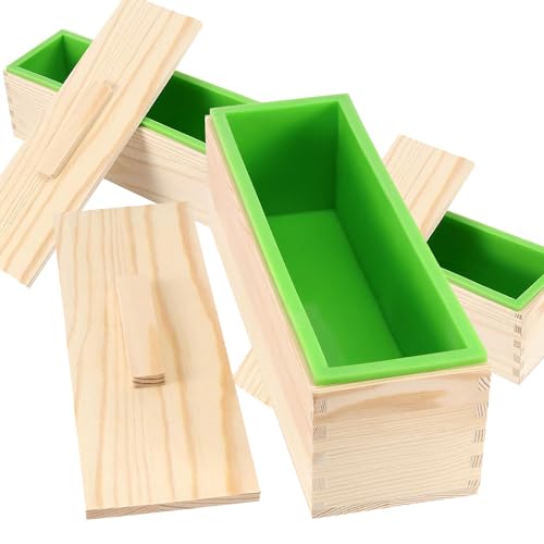 3PCS 47oz Silicone Soap Kit, Green Rectangular Silicone Loaf Soap Making with 3 Wooden Boxes and 3 Lids, DIY Supplies for Soap Making - color: Green