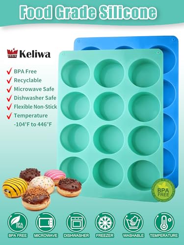 2 Pcs Chocolate Cookie Silicone Molds, 12-Cavity Round Silicone Mold, Baking Mold for Chocolate, Cookie, Candy, Mini Cake, Jelly, MuffinCakes - color: 2pc- 12 cup Blue+Green