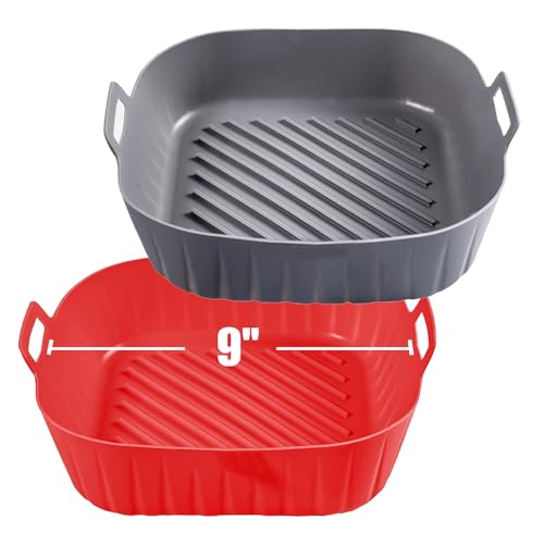 Golden Associate Silicone Liners Square for Air Fryer, 2 Pcs Non-stick Food-grade Reusable Basket Silicone Pot Baking Tray Airfryer Accessories, Top Size 9 inches, Bottom Size 8 inches - size: 9'' square