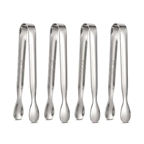 Mini Tongs Set of 4, 4.25" Silver Stainless Steel for Sugar Cubes & Ice
