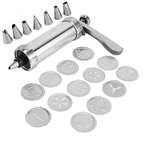 Fdit Cookie Press Kit, Manual Adjustable Biscuit Maker and Pastry Decorating Tool for Home Baking Aluminum Alloy 15 x 25 cm 21 Piece Set with 13 Cookie Discs and 7 Nozzles