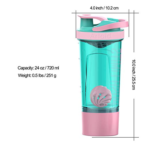 Artoid Mode Fitness Workout Sports Protein Shaker Bottle 24-Ounce, Dual Mixing Technology with Shaker Balls & Mixing Grids Included, Twist and Lock Protein Box Storage Included - color: Cream Pink/Aqua Green