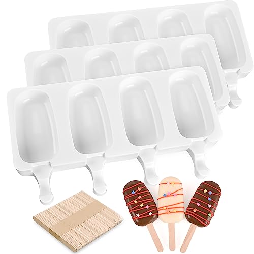 Sakolla 3 Pack 4 Cavity Popsicle Silicone Molds with 100 Pcs Wooden Sticks - size: 3 Pcs Large - White (100 Sticks)