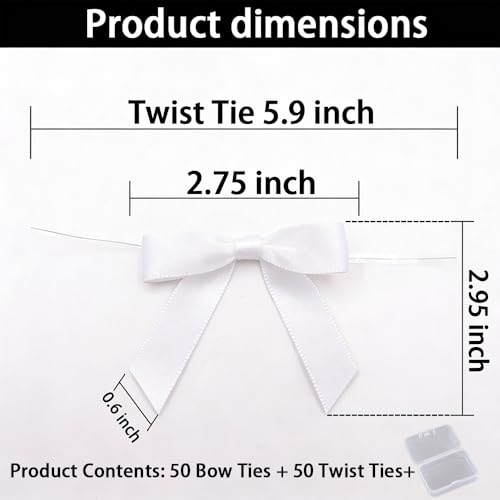 White Satin Pre-Tied Twist Tie Bows, 50 Pack for Treat Bags - color: White