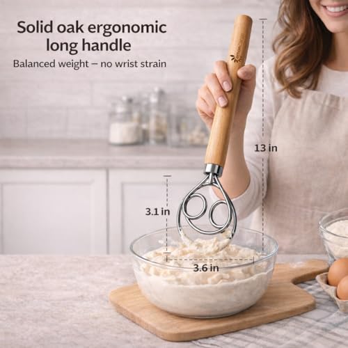 Danish Dough Whisk for Sourdough Bread – 13 Inch 2 Loop Stainless Steel Dutch Bread Whisk – Heavy Duty Dough Mixer for Bread Pizza Pastry Cookies – Ergonomic Oak Handle BPA Free - size: 2-Loop Classic