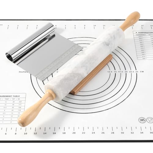 African Natural Marble Rolling Pin, Non-Stick Polished Dough Roller, Pasta, Dumpling, Fondant, Pie Crust, Bread, Pizza Dough, Kitchen Baking Pastry Tools with Mat/Scraper(Grigio Fantasy) - color: White and Grey Marble with Pastry Mat