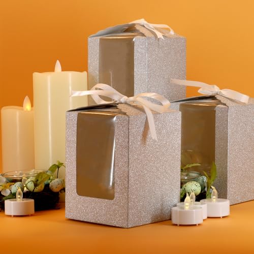 Silver Sparkling Favor Boxex-40 Ct Large 4"x4"x5" Clear Window. Includes 2 Ribbons (40 White 40 Black) Stemless Wine Glass Gift Box. Bottom Insert for Durability. Ideal for Weddings, Events, Christmas - color: Silver