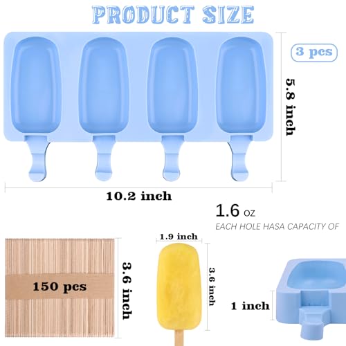 Sakolla 3 Pack Large Silicone Popsicle Molds with 150 Pcs Wooden Sticks - size: 3 Pcs Large - Blue