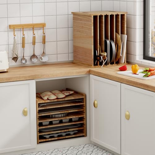 7 Tiers Cookie Sheet Organizer for Cabinet, Wooden Tray Dividers for Kitchen Cabinets Baking Sheet Pan Organizer, for Heavy Pans, Cutting Board, Bakeware, Kitchen Cupboard Storage, Solid Wood - size: Large(20''W)