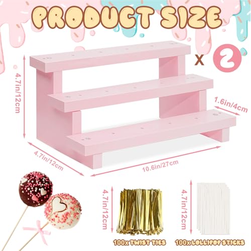 Wood Cake Pop Stands, 3 Tier Lollipop Holders with Twist Ties Lollipop Sticks, Sucker Display Riser for Dessert Table of Wedding Birthday Party (Pink-2P-17 Hole) - color: Pink-2P-17 Hole