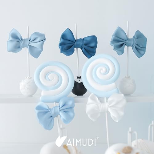 AIMUDI 5 Colors Dusty Blue Bows 3.5" Satin Bows with Twist Ties Blue Bow for Gift Wrapping Crafts Treat Bags Candy Cake Pop Premade Bow for Wedding Baby Shower Birthday Party Decoration, 50 PCs - color: Dusty Blue Shade