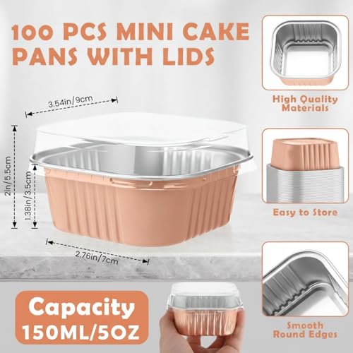Skylety 100 Pcs 5oz Mini Square Cake Pans with Lids, Champagne - color: Champagne