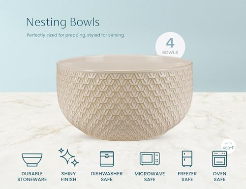 KooK Ceramic Nesting Bowls, Embossed, Oven Safe, Set of 4, Almond - color: Almond