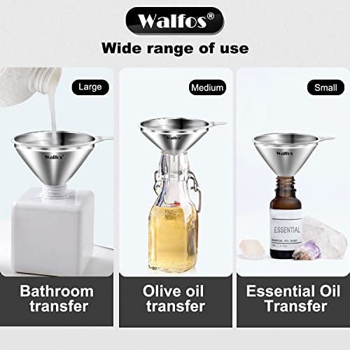 WALFOS Mini Stainless Steel Funnels, Multi-use Small Kitchen Funnel Set, for Transferring Liquid, Fluid, Essential Oils, Powder,Tiny Spices,Long-Lasting and Dishwasher Safe (3 in、2.2 in、1.7in) - color: 3pcs 3in+2.2in+1.7in Stainless Steel