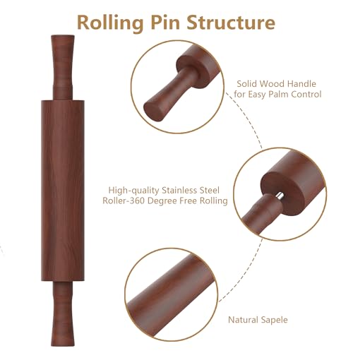 Wood Rolling Pin,17''Sapele Roller with 3 Thickness Rings &Pastry Mat,Brown - color: Brown+Mat