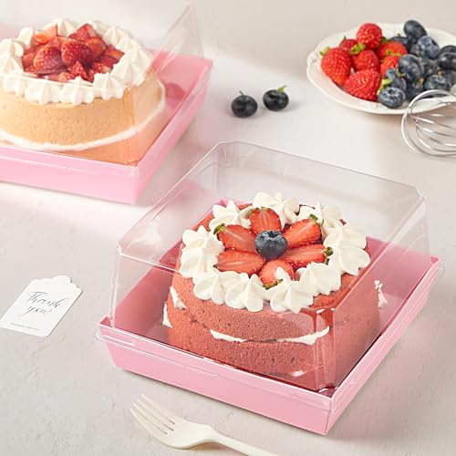 ZORRITA Paper Cake Boxes with Clear Lids, 7" x 7" x 4", 20 Pack, Pink - color: Pink