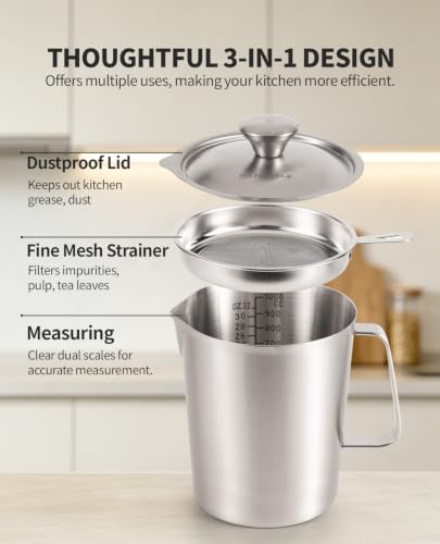 304 Stainless Steel Measuring Cup with Lid, Strainer, 32oz pitcher for Milk
