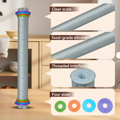 Adjustable Rolling Pin with Thickness Rings, Silicone Dough Roller