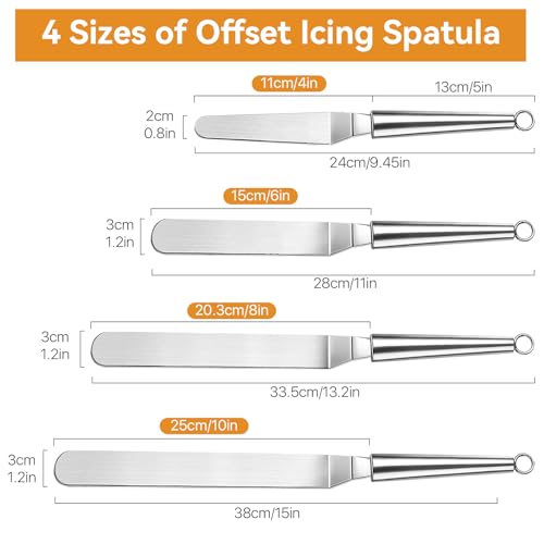 4Pcs Offset Icing Spatula with 3Pcs Cake Smoother Scraper, 4/6/ 8/10 Inch Stainless Steel Cake Icing Spatula, Thickened Angled Frosting Spatula for Cake Stripping Decorating Baking