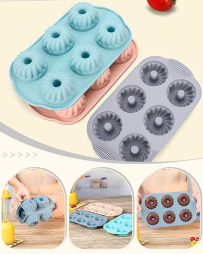 Jello Molds 3pcs Silicone Fluted Tube Cake Pans, 6 Cavity Heritage Silicone Mold for Baking Non Stick Fancy Molds (Pink+Blue+Gray, Fluted Tube) - color: Pink+Blue+Gray