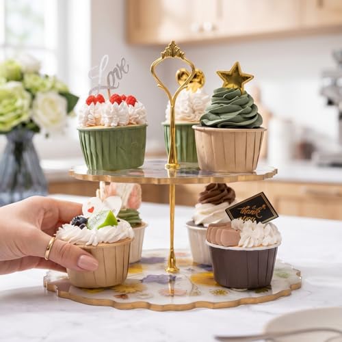 GUTE Floral Cupcake & Cake Dessert Stand, Resin Flower Tower - 2 Tier Stand Tray - Large Pretty Botanical Floral Stands for Desserts Table, Gold Handle, Fruits Candy Buffet Serving Trays