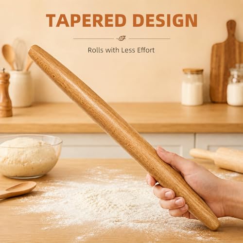 French Tapered Rolling Pin for Baking, 17 Inch Solid Wood