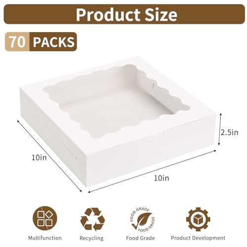 Moretoes 70pcs White Pie Boxes, 10x10x2.5 Bakery Boxes with Window