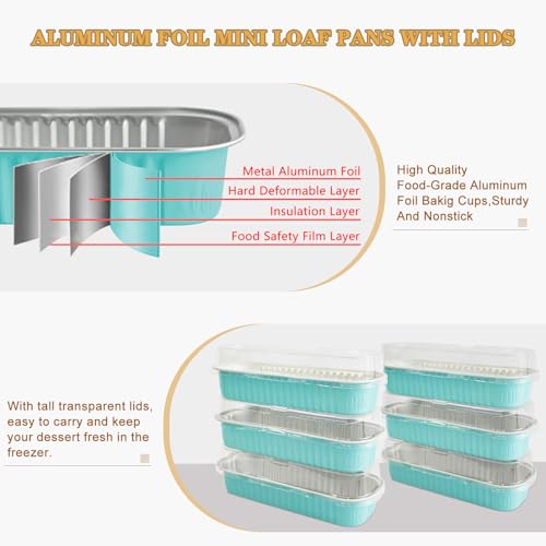 100 Pack Mini Cake Pans with Lids and Spoons, Mini Loaf Baking Pans 6.8oz, Small Disposable Aluminum Foil Loaf Pans, Rectangular Baking Containers for Party and Picnics, Cheesecake Pans (Blue) - color: wathet