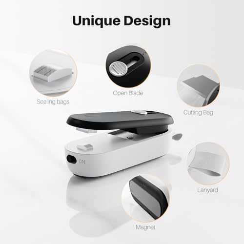 ODSD 2 in 1 Mini Bag Sealer - Heat Seal and Cutter with Lanyard, Portable Handheld Chip Bag Sealer for Snacks, Candies, Food Storage (Batteries Included) - color: Black/White