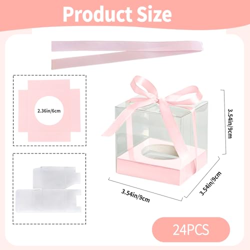 Individual Cupcake Boxes,24 Pack 3.5 Inch Clear Single Cupcake Containers,Cup Cake Carrier with Ribbon, Small Cake Holder Boxes for Wedding Party Valentine day - color: Pink, size: 24Pcs