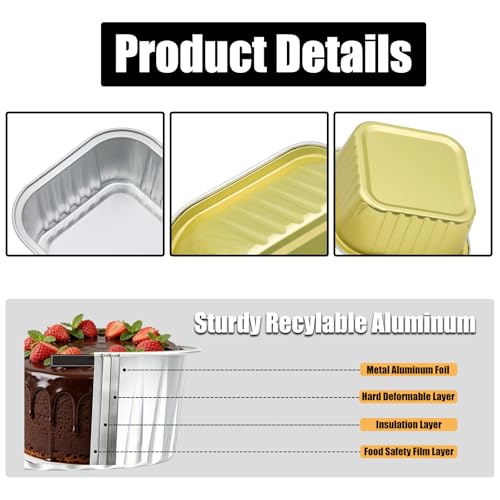 50 Pack 5oz Mini Square Cake Pans with Lids, Gold - color: Gold, size: Square