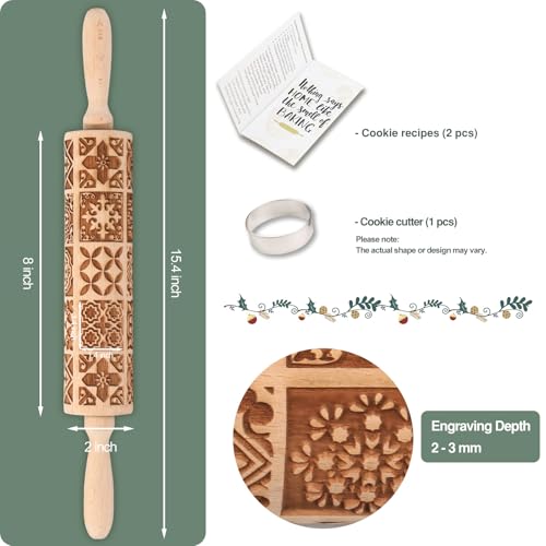 Christmas Embossed Rolling Pin for Baking Cookies Embossing Rolling Pins with Design Wooden Engraved Springerle Roller Pin Dough Patterned Clay Pottery Ceramic Bakers Women (Vintage Square Patterns) - color: Vintage