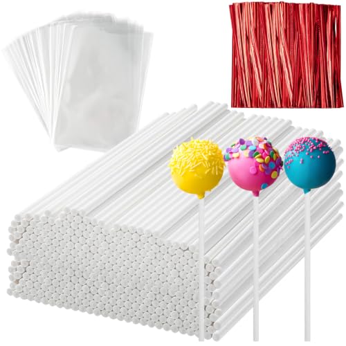 600Pcs Lollipop Stick, 6IN Cake Pop Sticks with Clear Treat Bags & Red Twist Ties, Cake Pops Making Tools for Lollipops, Candies, Chocolates Cookies - color: Red 600Pcs