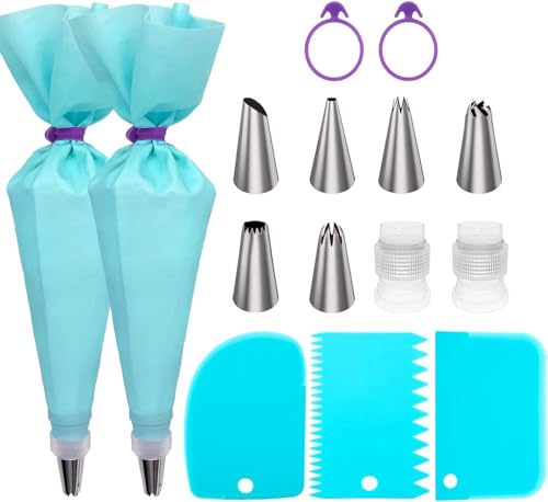 Piping Bags and Tips Set, 16" Reusable Piping Bags, Frosting Piping Kit for Baking with Pastry Bags and Tips, Standard Converters, Silicone Rings, Cake - size: 16"