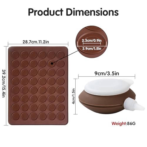 Silicone Macaron Baking Kit, 48 Capacity Macaron Silicone Mat and Decorating Piping Pot with 3 nozzles, Non stick Reusable Macaroon Baking Supplies (Brown)