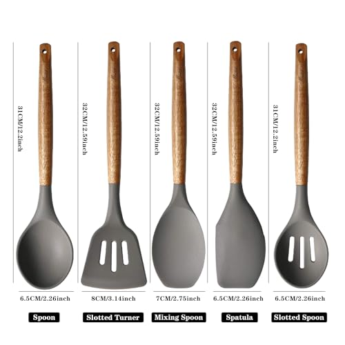 Kitchen Utensils Set, Silicone Cooking Utensils Set,Non-Stick Silicone Spatula Set with Natural Acacia Hard Wood Handle, 5 Piece, Upgraded Thickened Cookware - color: Gray