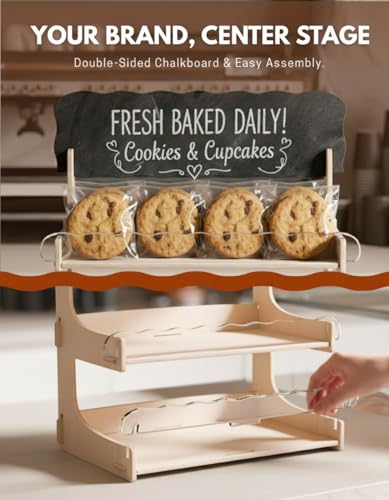 HOTCAN Cookie Display Stand for Bakers & Vendors with Acrylic Front | Wooden Dessert Stand with Chalkboard Sign for Market Booths, Craft Fairs & Events | 3 Tiered Cookie Display for Cupcakes, Muffins & Pastries (Natural) - color: Natural, size: 3 Tier