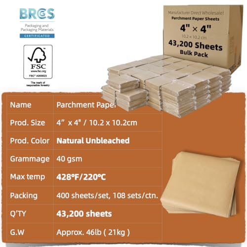 4x4 inch (43,200 sheets) Commercial Bulk Small Parchment Paper Squares - color: Brown, size: 4"x4" (10.2x10.2cm) - 43200 sheets