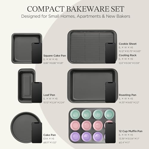 KITESSENSU Compact Baking Pans Sets, Nonstick Bakeware Sets 19-Piece with Round/Square Cake Pan, Loaf Pan, Muffin Pan, Cookie Sheet, Roast Pan, Cooling Rack, Carbon Steel Bake Set - size: Gray