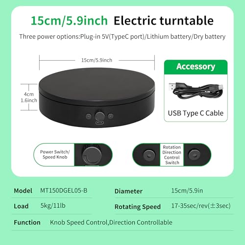 Rotating Display Stand,360° Silent Spinning Display Stand,Speed-adjustable Spinning Platform,Bidirectional Rotating Display Base,Multi-power Motorized Turntable For Photography(5.91inch/B) - size: 5.91inch/Black/11Lbs Load